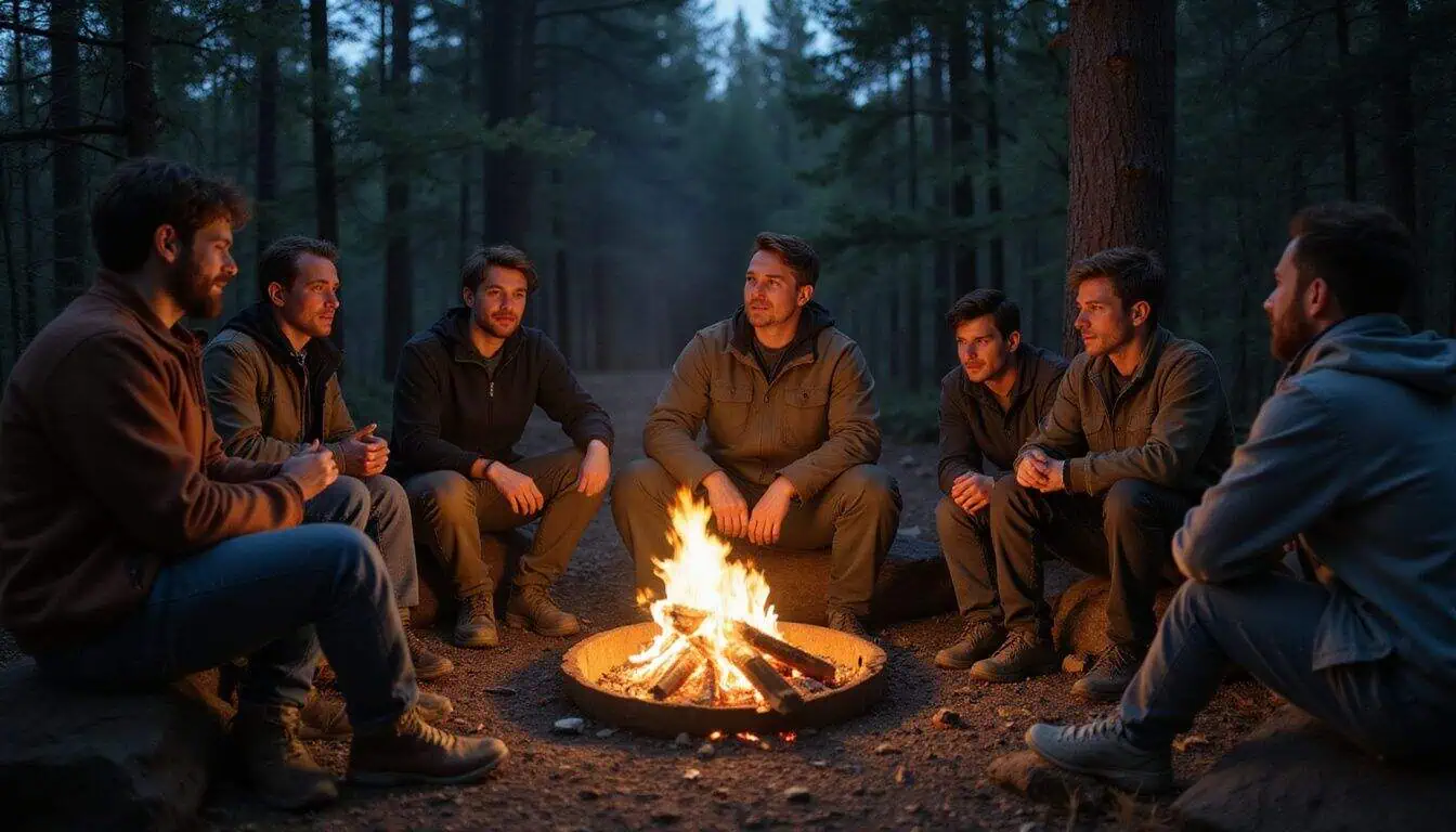 A group of people gather around a campfire in a remote forest clearing. A group of people gather around a campfire in a remote forest clearing.