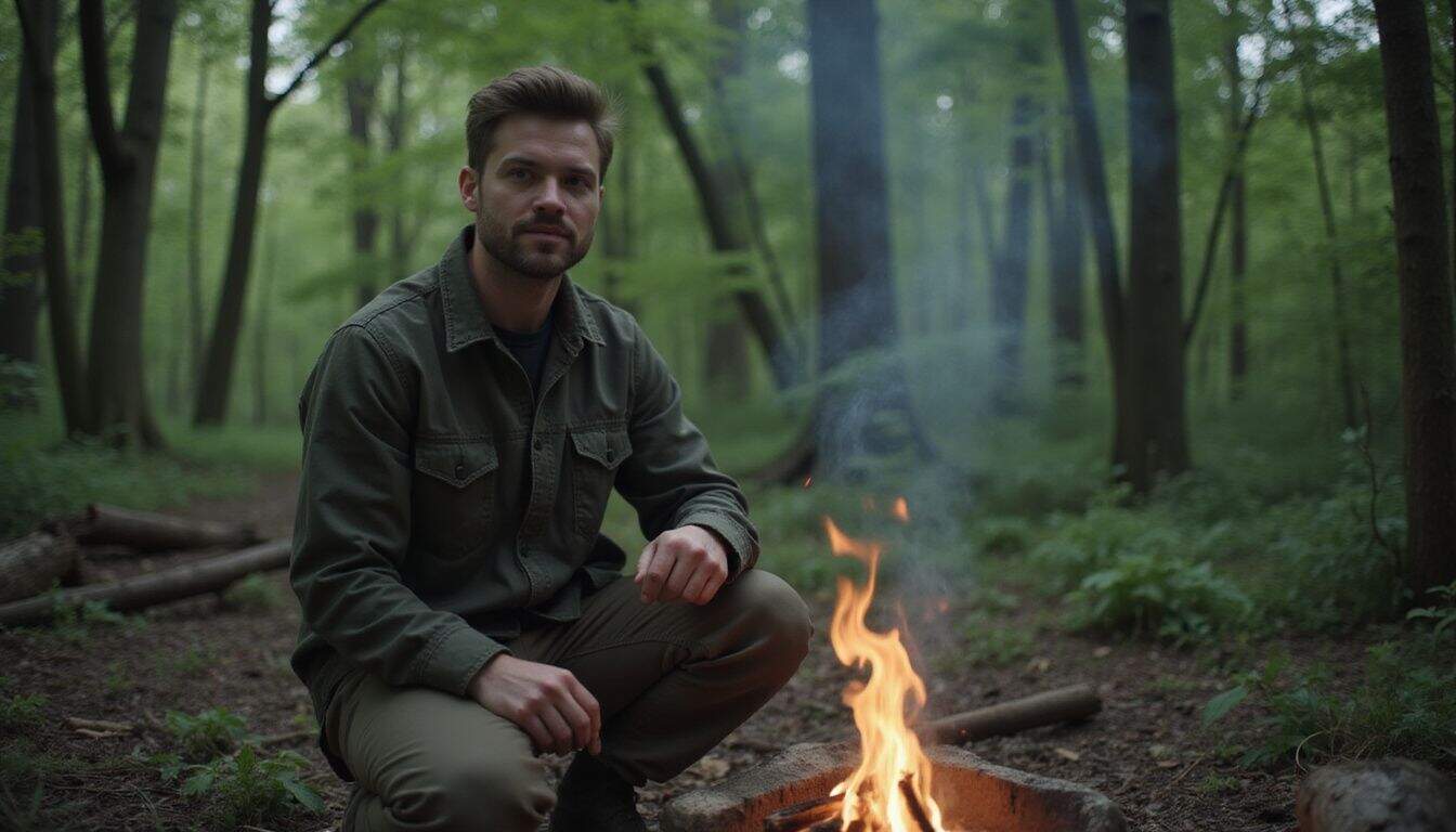 A man in his 30s demonstrates wilderness survival skills in a dense forest. A man in his 30s demonstrates wilderness survival skills in a dense forest.