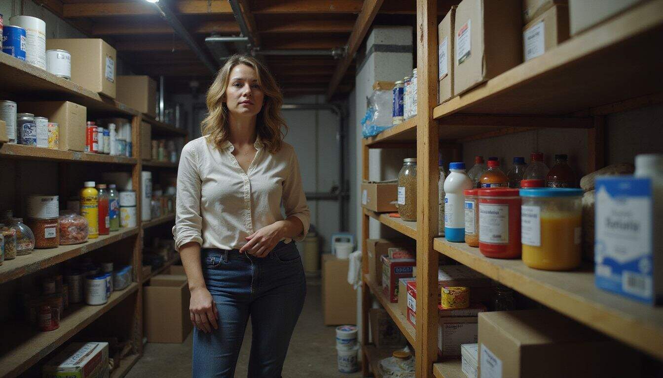 A woman in her 40s organizes prepper supplies in a basement storage room. A woman in her 40s organizes prepper supplies in a basement storage room.