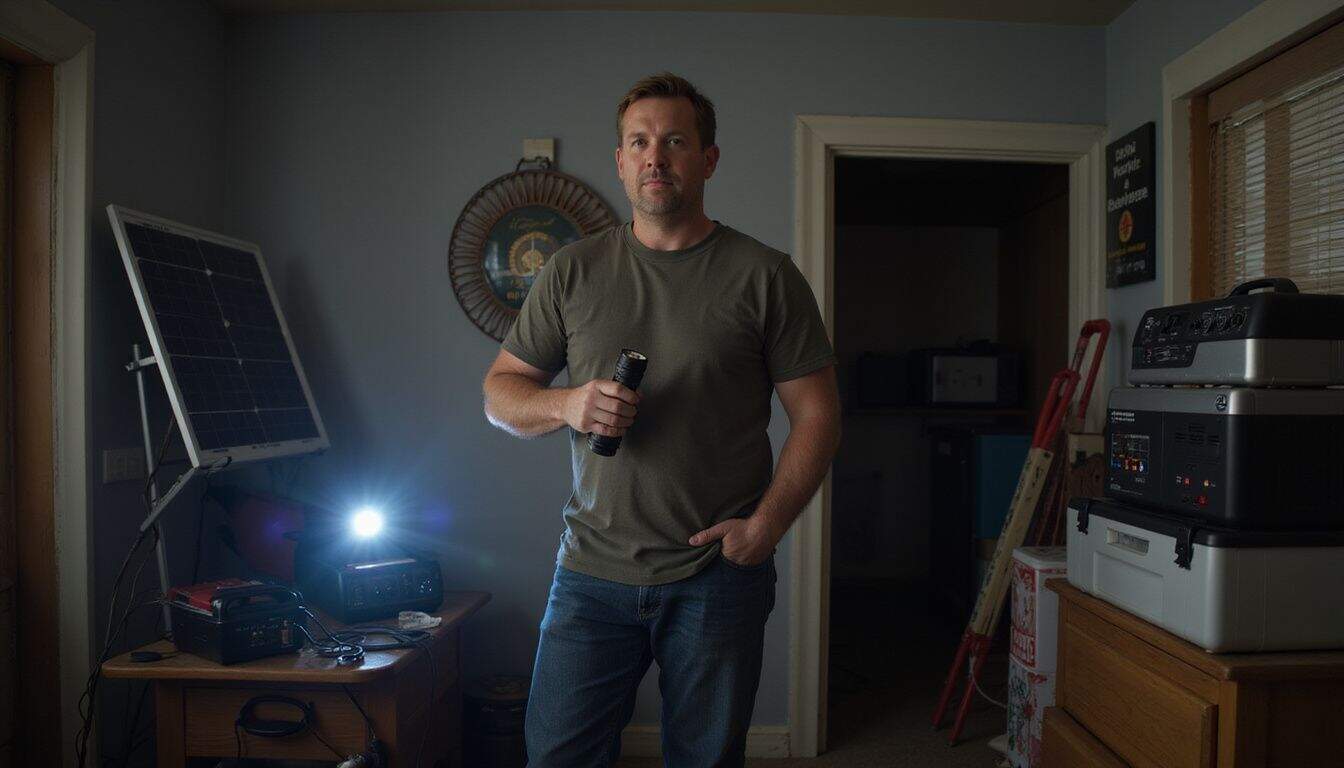 A man in his early 40s with an average build is standing in a room with energy preparation items. A man in his early 40s with an average build is standing in a room with energy preparation items.