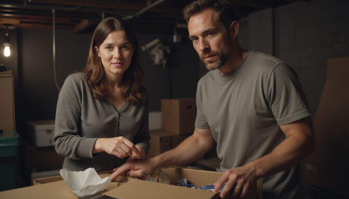 A couple in their 40s organizing emergency supplies in a basement for potential power outages and natural disasters. A couple in their 40s organizing emergency supplies in a basement for potential power outages and natural disasters.