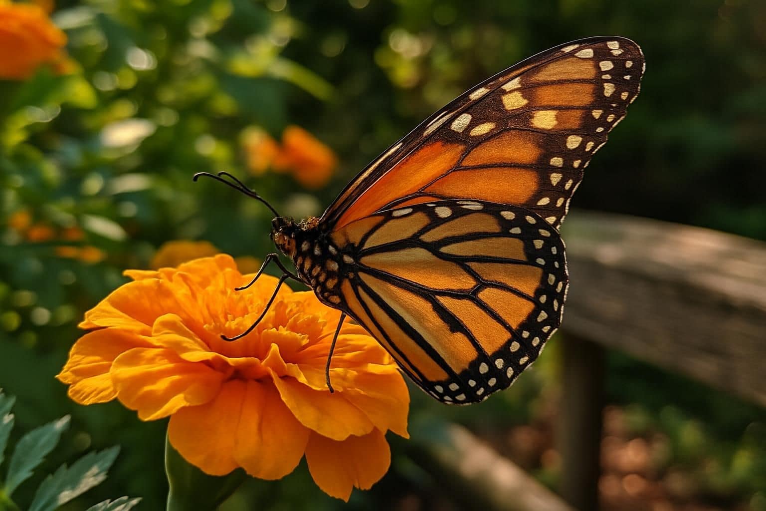 A monarch butterfly perches on a marigold flower in a sunlit garden, with vibrant colors and intricate details. A monarch butterfly perches on a marigold flower in a sunlit garden, with vibrant colors and intricate details.