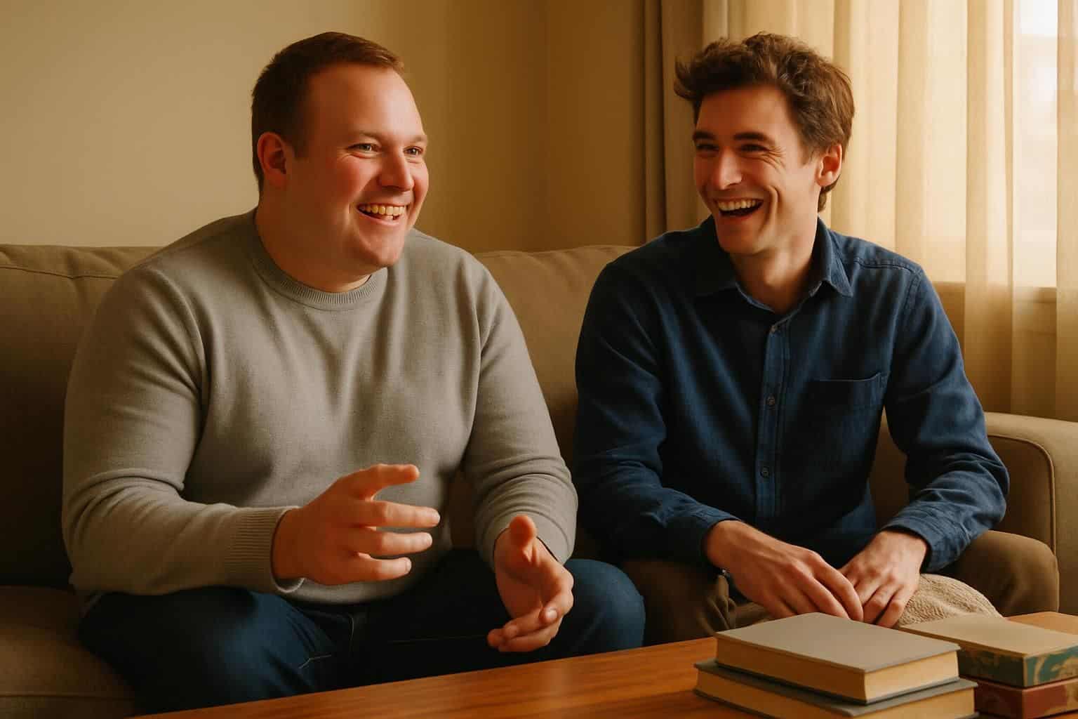 Two friends sit on a sofa in a warmly lit living room, engrossed in genuine conversation and laughter. Two friends sit on a sofa in a warmly lit living room, engrossed in genuine conversation and laughter.