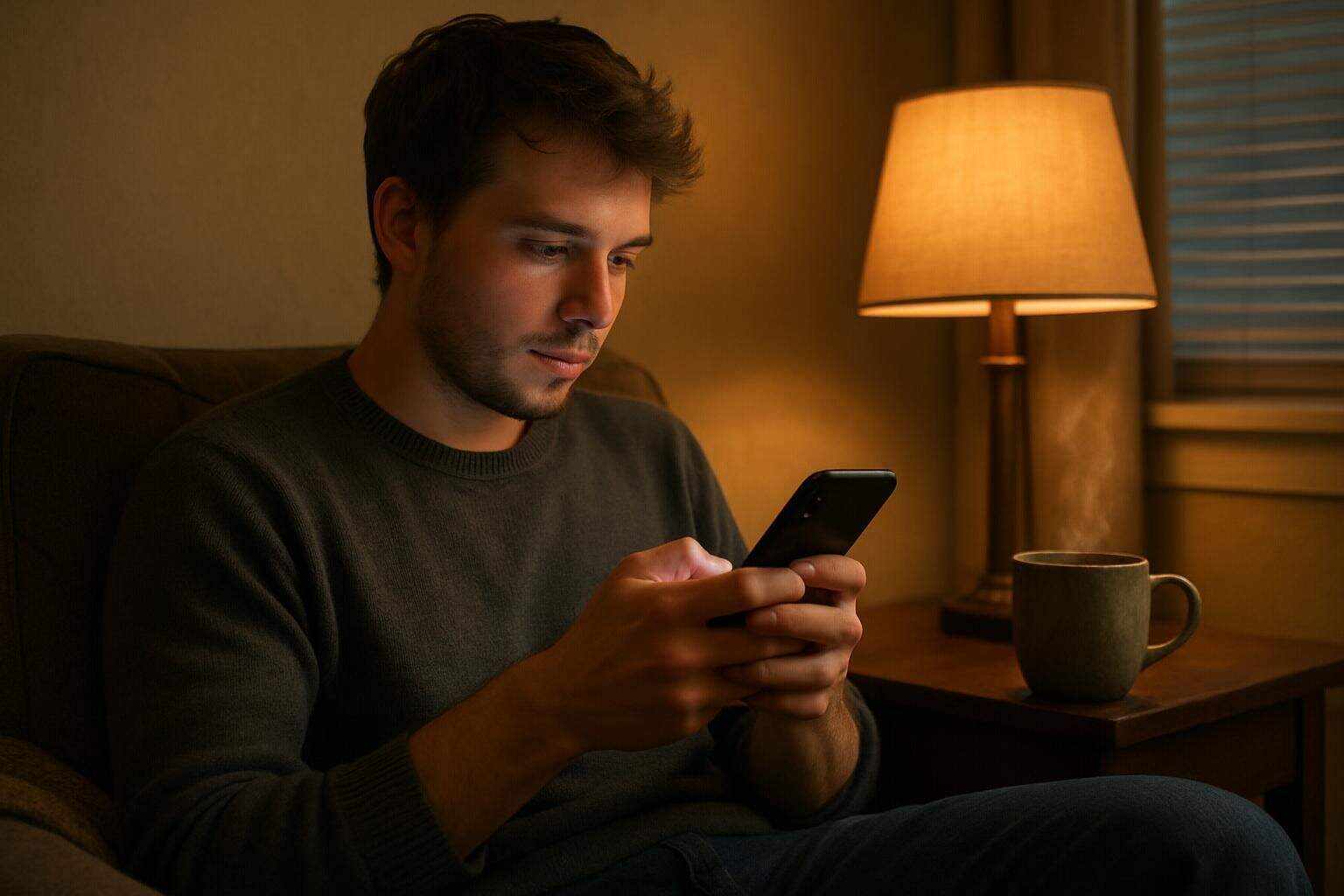 A man in his late 20s is sitting comfortably in a warmly lit living room while using his smartphone. A man in his late 20s is sitting comfortably in a warmly lit living room while using his smartphone.