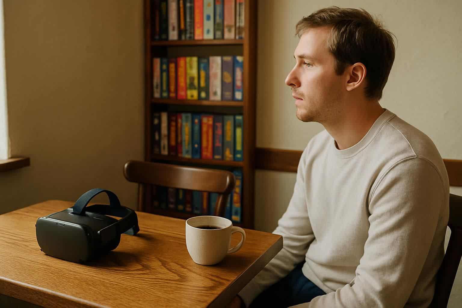 A person sits at a cozy coffee shop table with a VR headset and board games. A person sits at a cozy coffee shop table with a VR headset and board games.