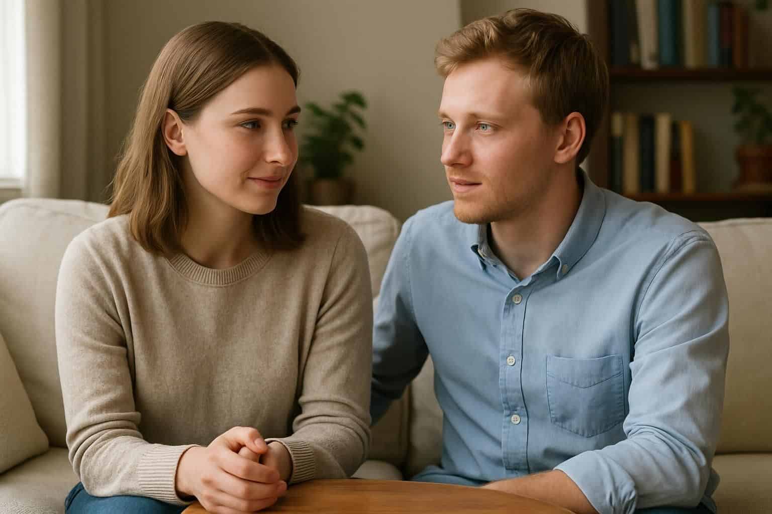 A young couple share a tender moment on a cozy couch, conveying empathy and connection in the face of autism challenges. A young couple share a tender moment on a cozy couch, conveying empathy and connection in the face of autism challenges.