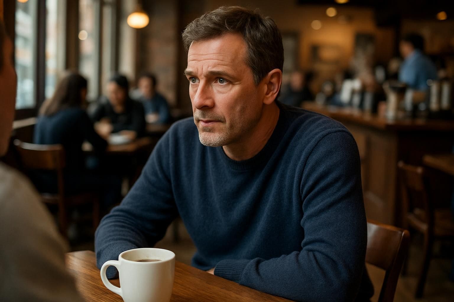 A middle-aged man in a navy sweater and jeans converses in a bustling coffee shop. A middle-aged man in a navy sweater and jeans converses in a bustling coffee shop.