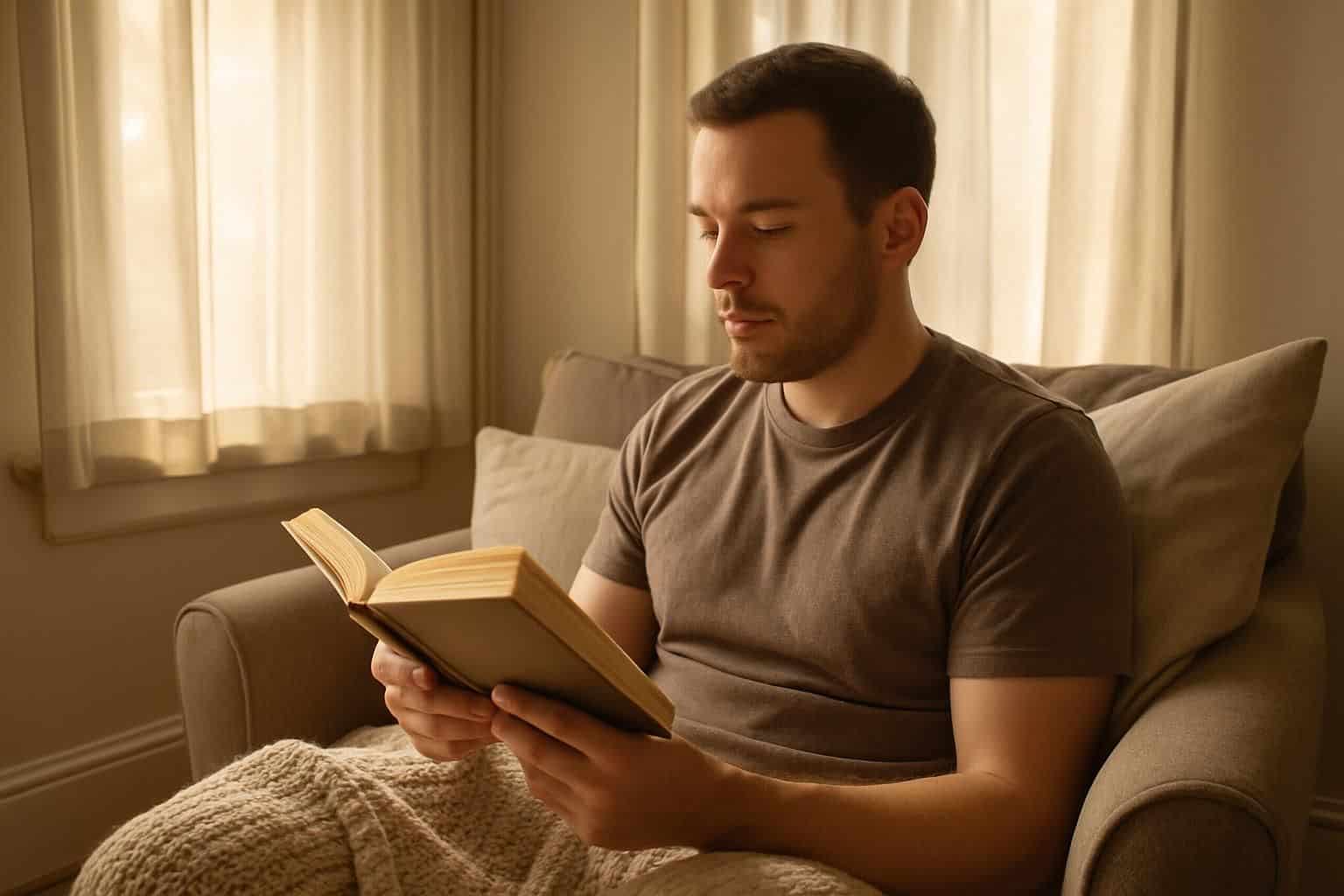 A man in his 30s reads a book in a cozy nook by a window. A man in his 30s reads a book in a cozy nook by a window.