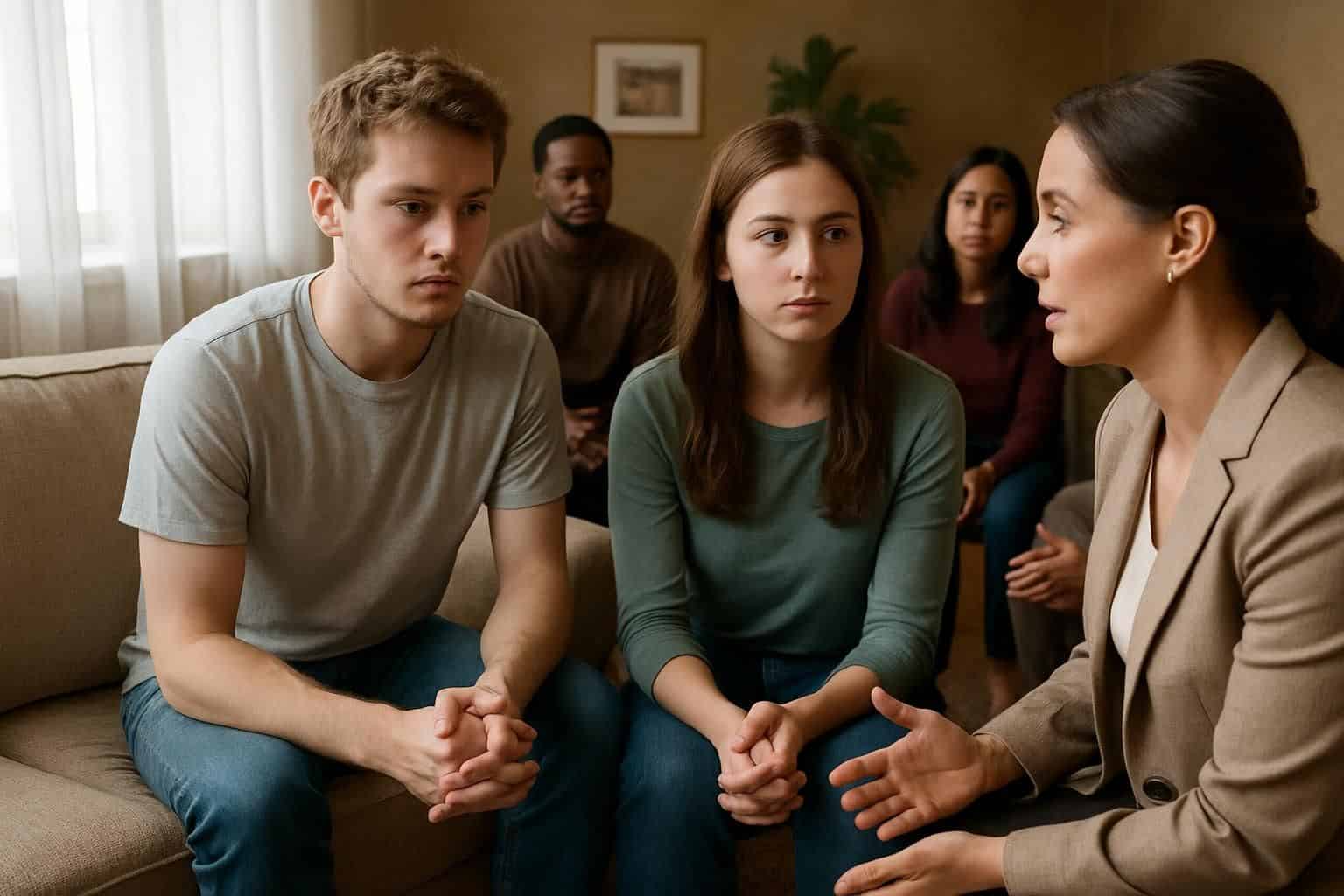 A diverse group of young adults seeking guidance in a warmly lit, intimate living room setting. A diverse group of young adults seeking guidance in a warmly lit, intimate living room setting.