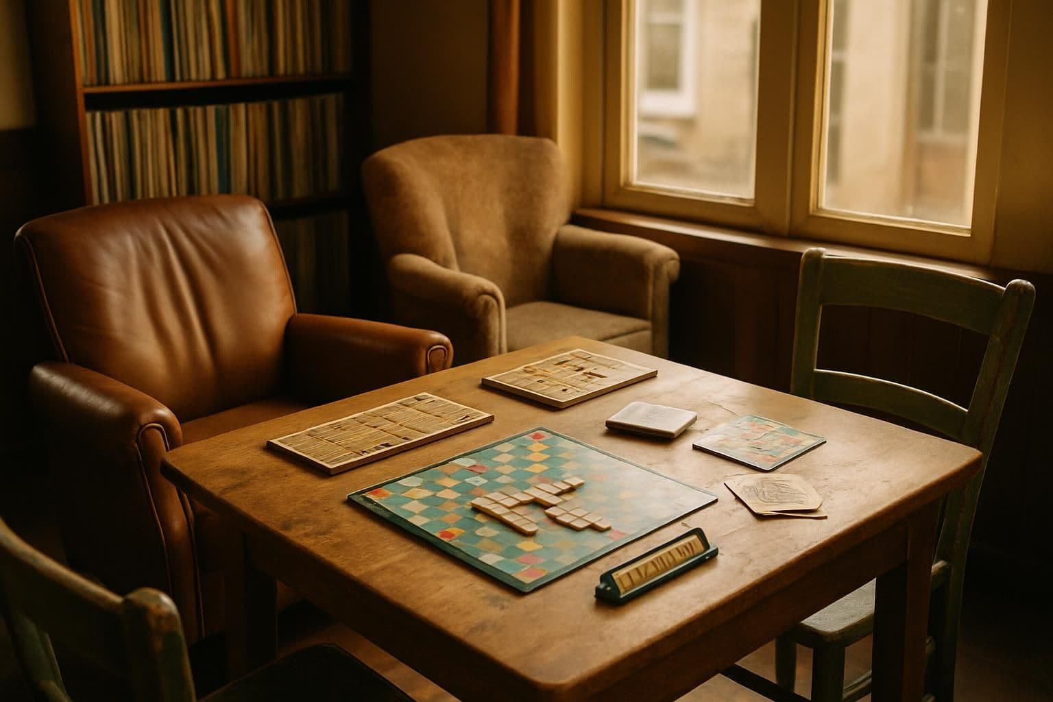 A cozy café corner with vintage decor, board games, and old vinyl records. A cozy café corner with vintage decor, board games, and old vinyl records.
