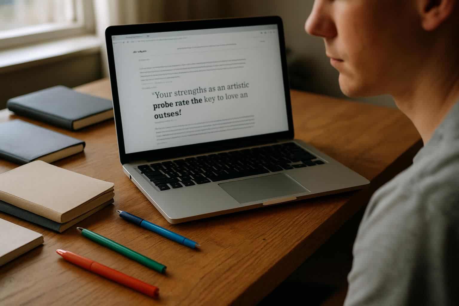 A cluttered desk with worn notebooks, colorful pens, and an open laptop displaying an article on autism strengths. A cluttered desk with worn notebooks, colorful pens, and an open laptop displaying an article on autism strengths.