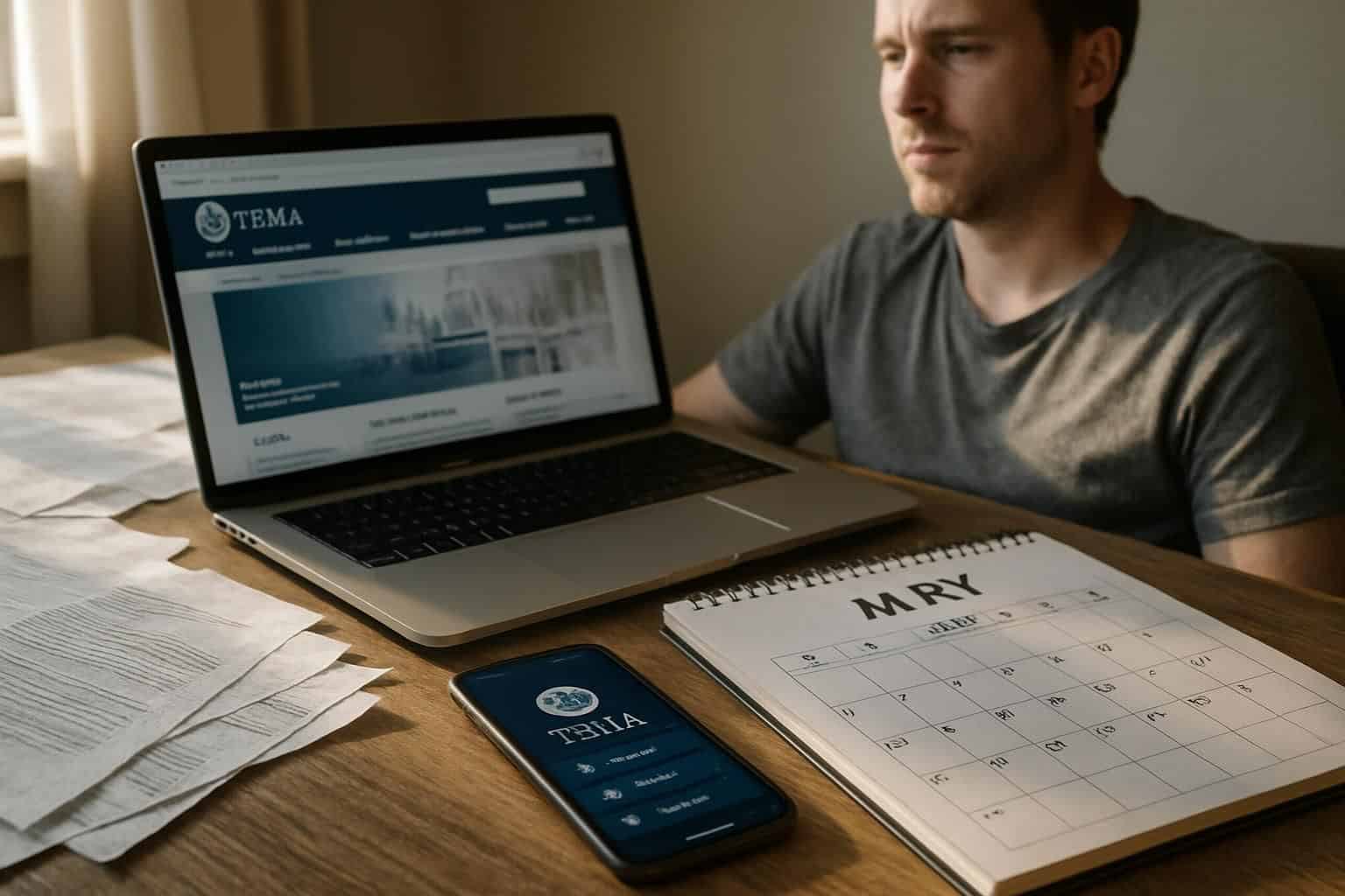 A cluttered home office desk with open laptop and smartphone displaying the FEMA website and mobile app.