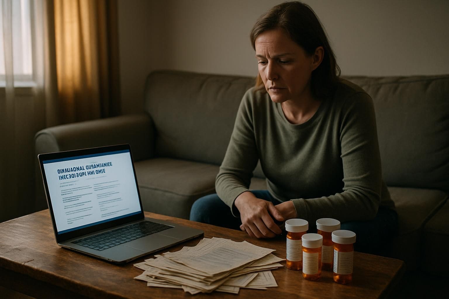 A cluttered living room with bills, prescription bottles, and a laptop displaying financial assistance options. A cluttered living room with bills, prescription bottles, and a laptop displaying financial assistance options.