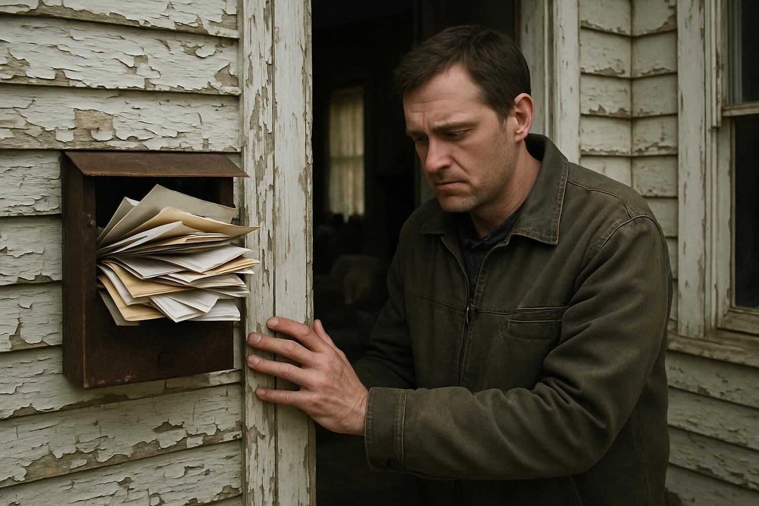 A man stands in front of a weathered, neglected home, displaying signs of economic hardship. A man stands in front of a weathered, neglected home, displaying signs of economic hardship.