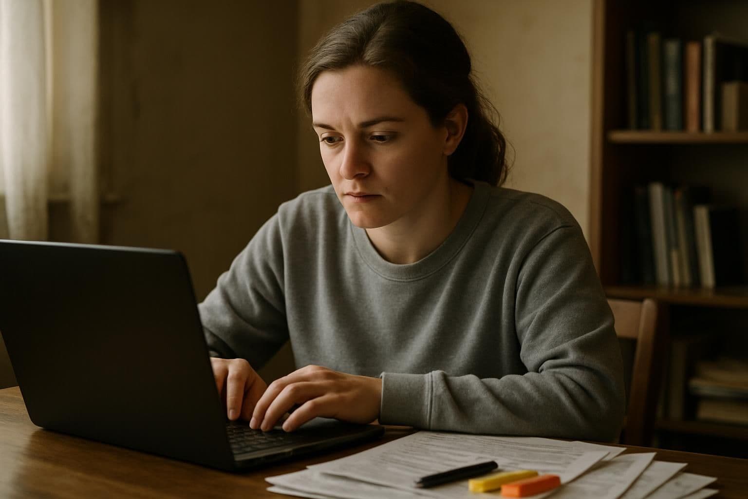 A woman in her 30s, seated at a table, focused on managing financial aid paperwork on her laptop. A woman in her 30s, seated at a table, focused on managing financial aid paperwork on her laptop.