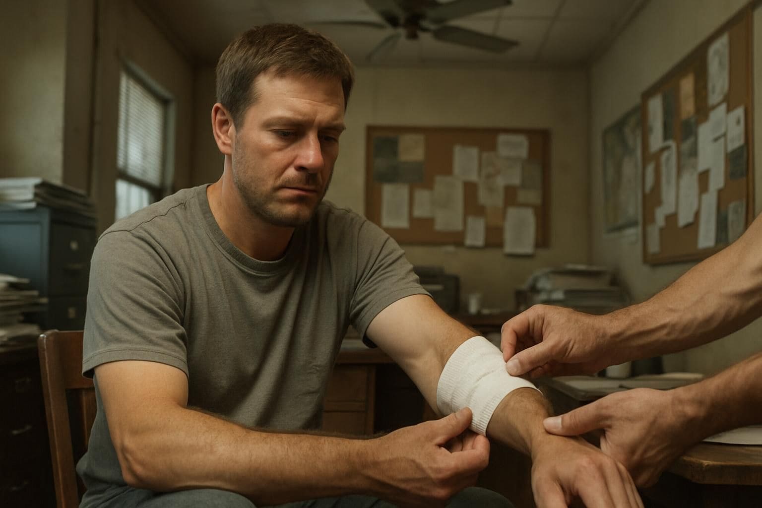A man in his 40s receives emergency aid in a cluttered, dimly lit office. A man in his 40s receives emergency aid in a cluttered, dimly lit office.