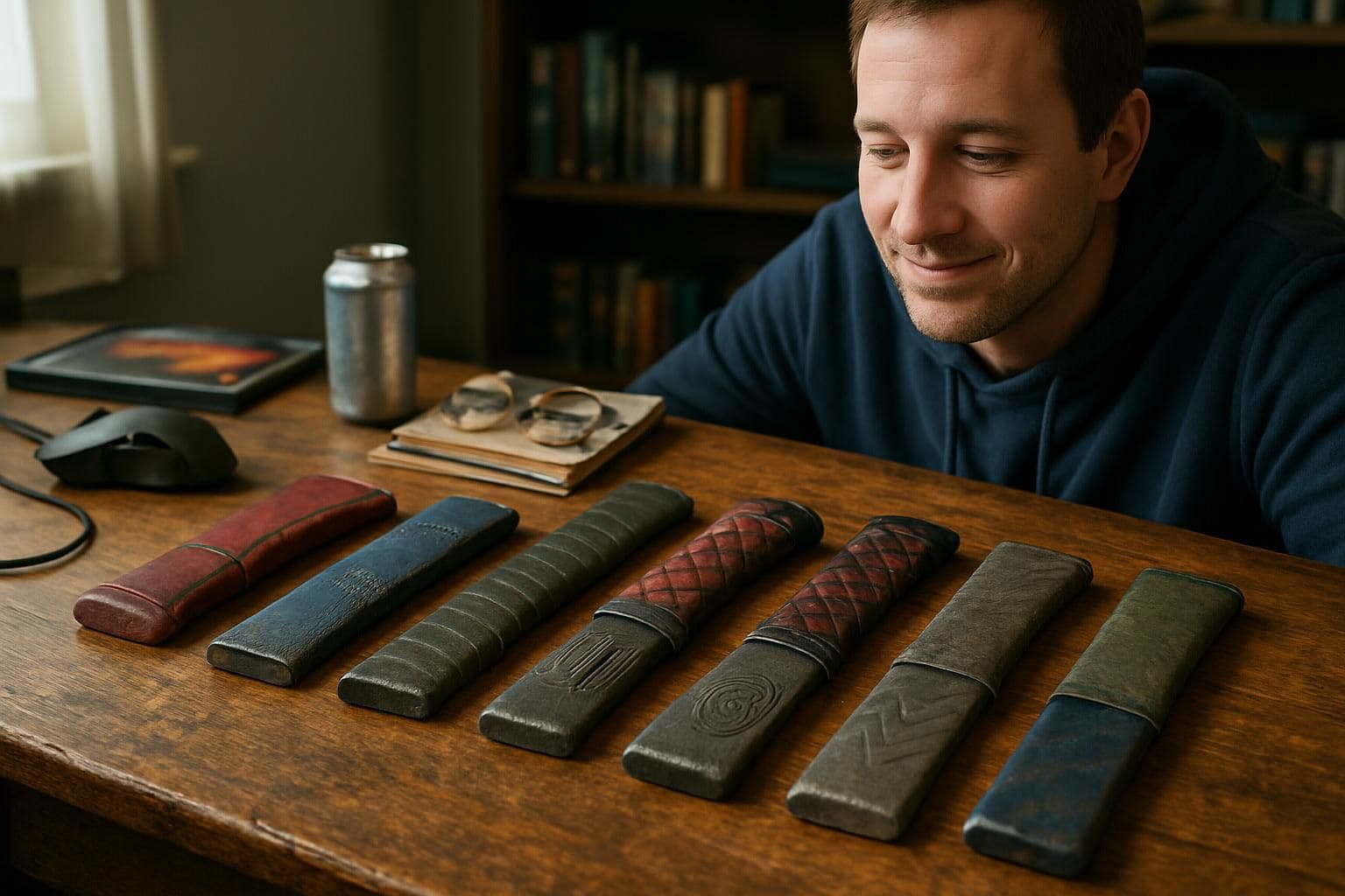 A collection of high-value Rust skins displayed on a worn wooden table in a casual gaming room. A collection of high-value Rust skins displayed on a worn wooden table in a casual gaming room.