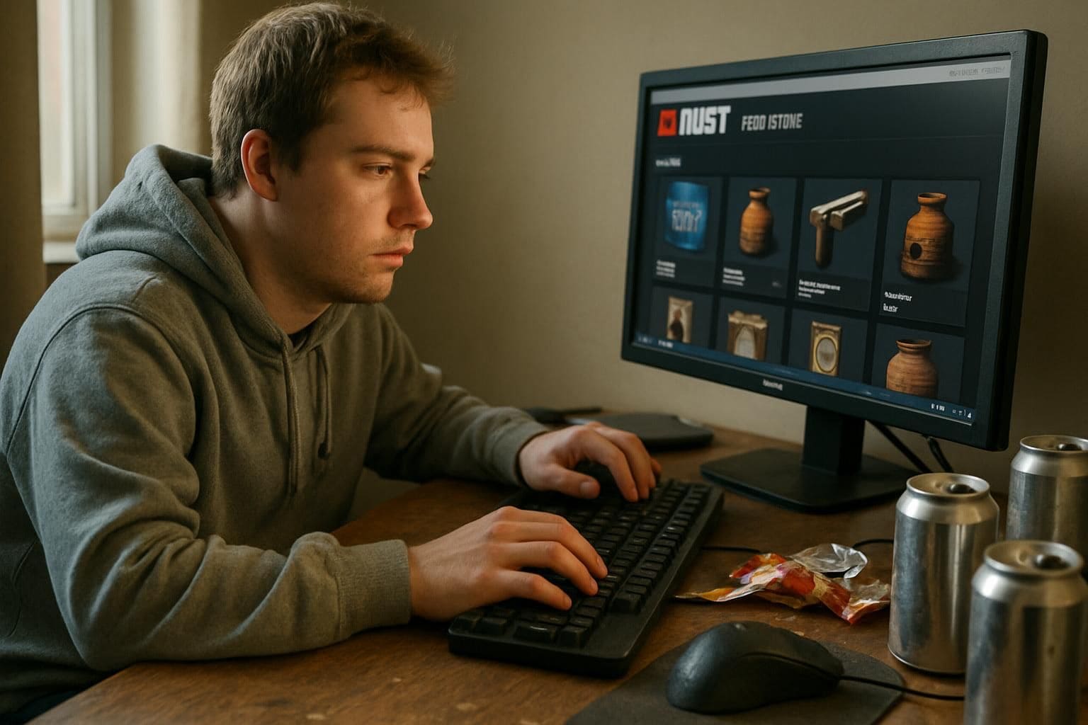 A young adult sits at a cluttered desk, focused on the Rust Item Store on their computer screen. A young adult sits at a cluttered desk, focused on the Rust Item Store on their computer screen.