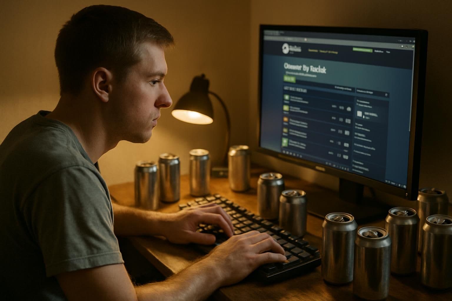 A man in his mid-20s sits at a cluttered desk, browsing the Steam Marketplace with intense concentration. A man in his mid-20s sits at a cluttered desk, browsing the Steam Marketplace with intense concentration.