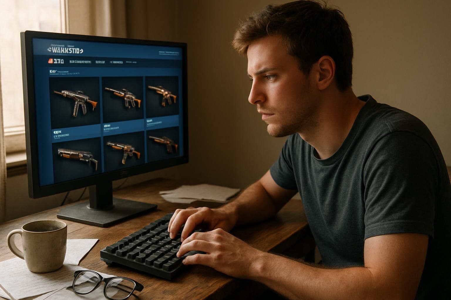 A young man sits at a cluttered desk, browsing the Steam Workshop for Rust skins. A young man sits at a cluttered desk, browsing the Steam Workshop for Rust skins.