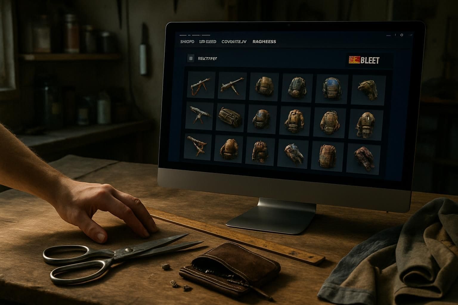 A workbench with crafting tools and a computer monitor displaying a game inventory in a workshop. A workbench with crafting tools and a computer monitor displaying a game inventory in a workshop.