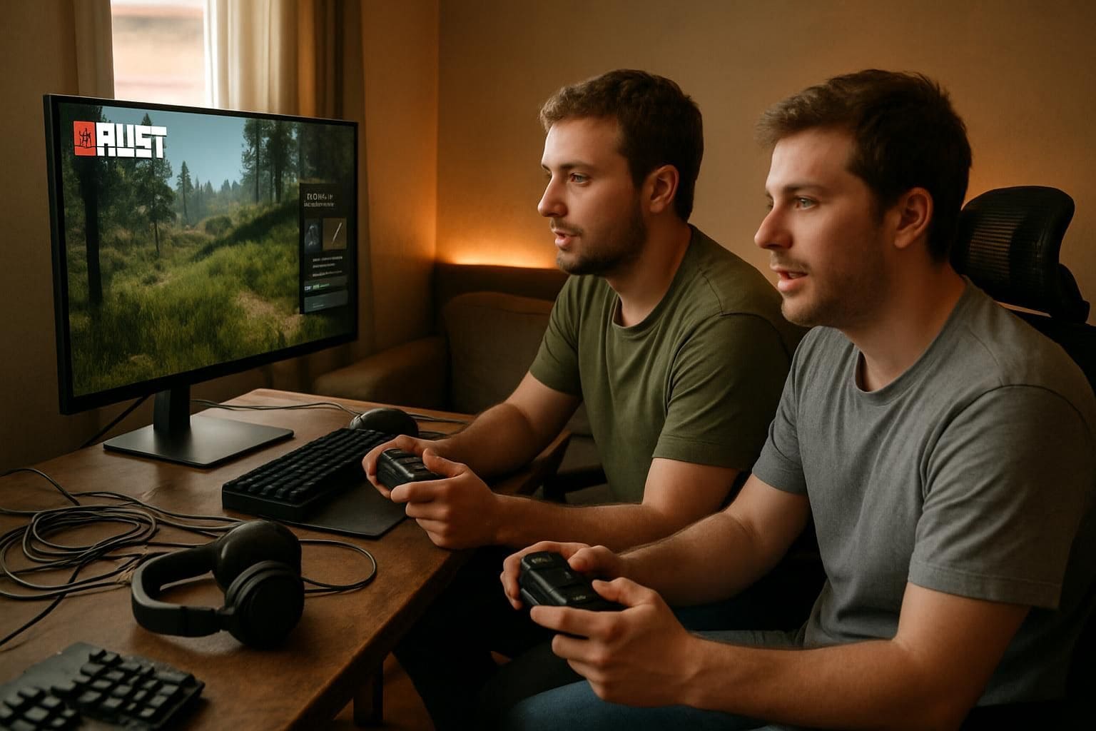 Two gamers immersed in a Rust gameplay scene in a cozy, cluttered gaming room. Two gamers immersed in a Rust gameplay scene in a cozy, cluttered gaming room.