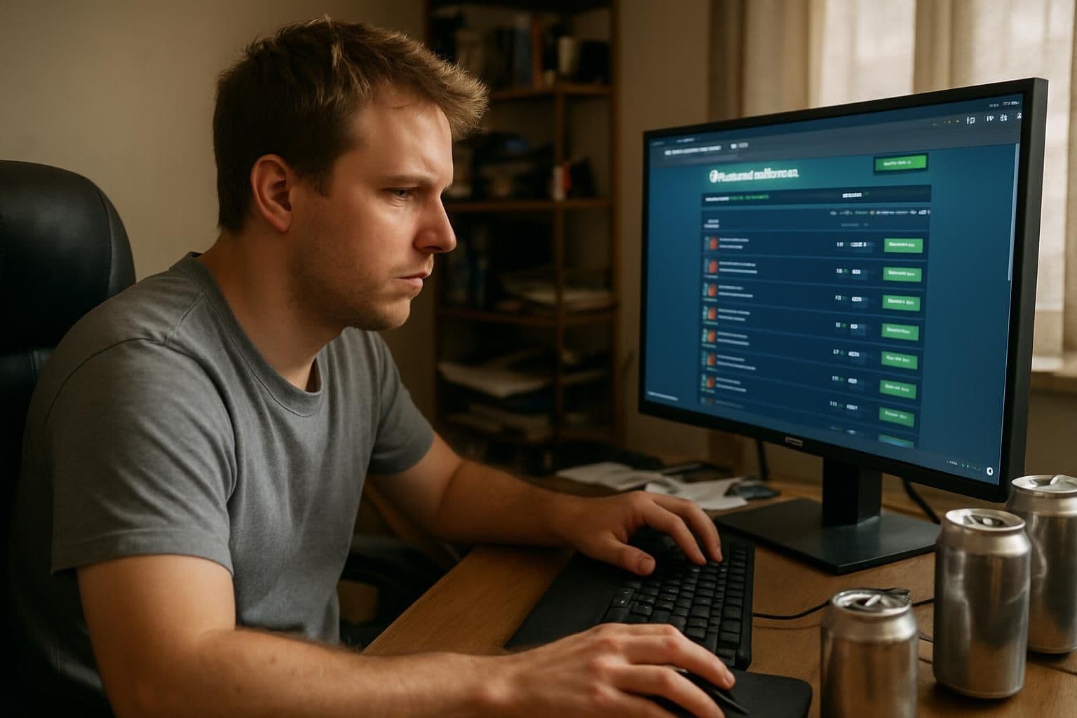A man in his 30s is seated at a desk, browsing game skins on his computer. A man in his 30s is seated at a desk, browsing game skins on his computer.