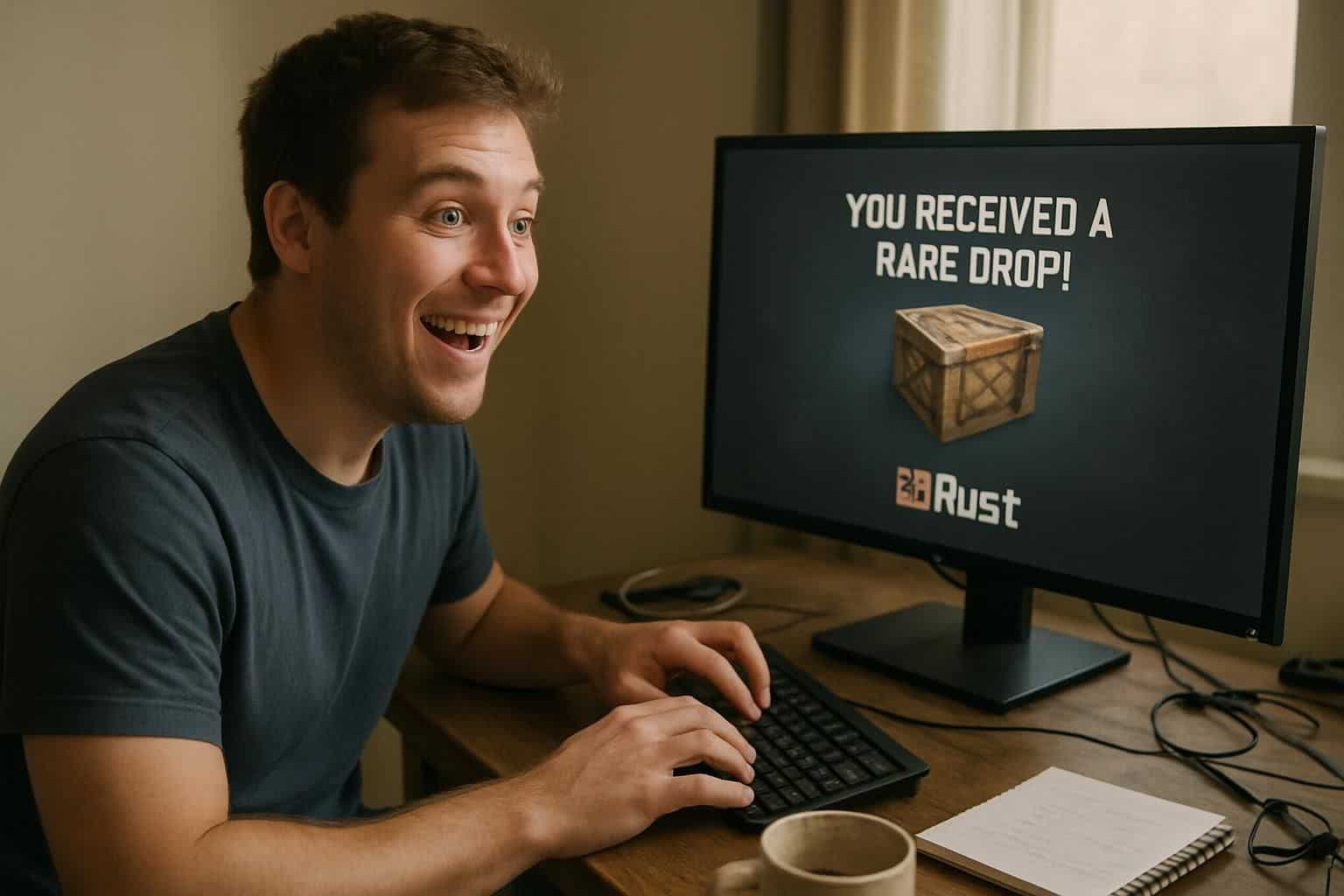 A young man with a genuine smile celebrates receiving a rare gaming item on his computer. A young man with a genuine smile celebrates receiving a rare gaming item on his computer.