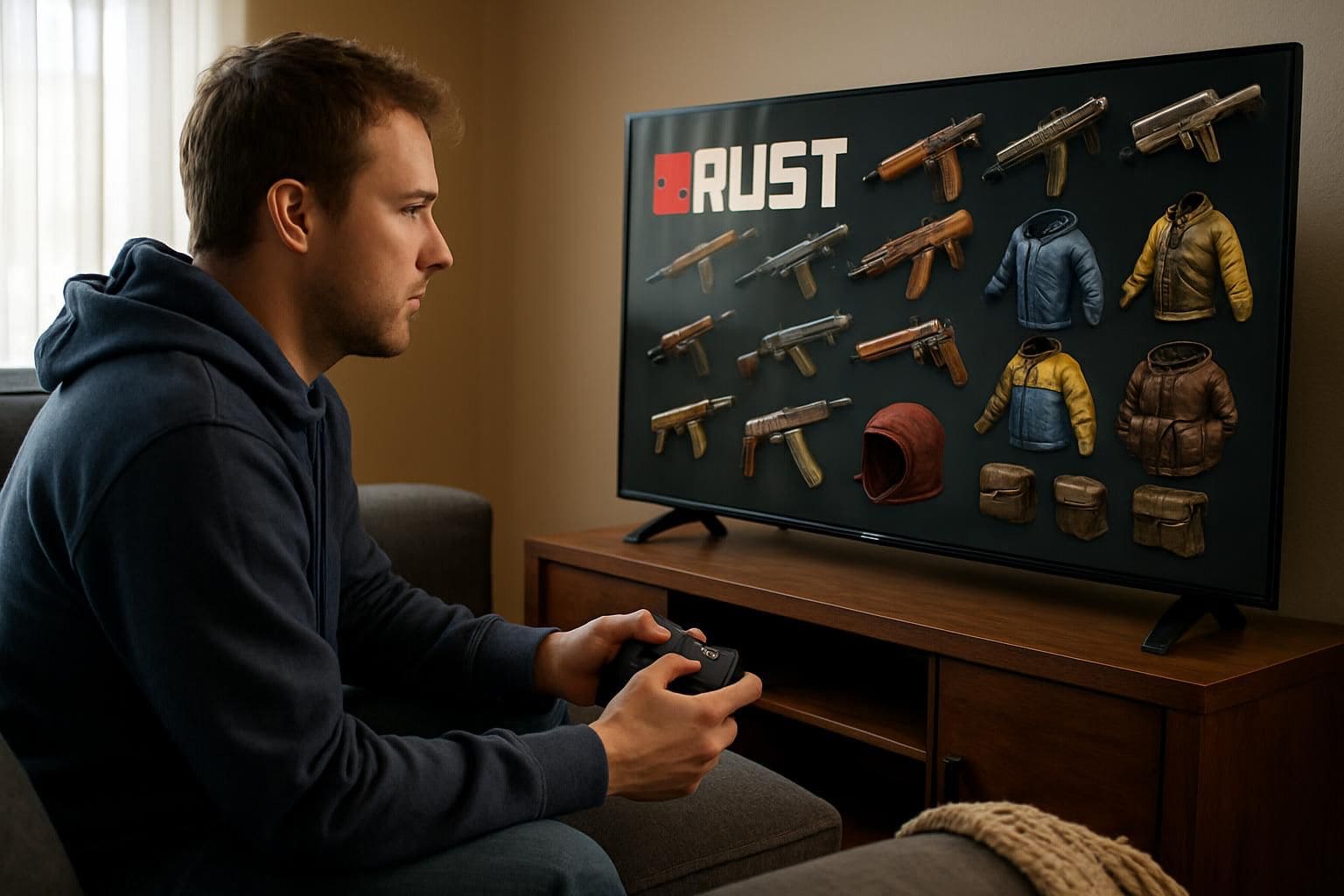 A man in his 30s sits on a gray couch, focused on playing a video game. A man in his 30s sits on a gray couch, focused on playing a video game.