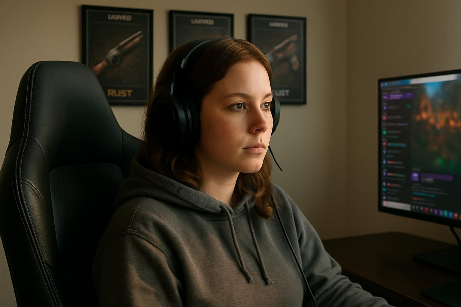 A woman in her mid-20s sits in a gaming chair, focused on a computer screen with Rust game posters in the background. A woman in her mid-20s sits in a gaming chair, focused on a computer screen with Rust game posters in the background.