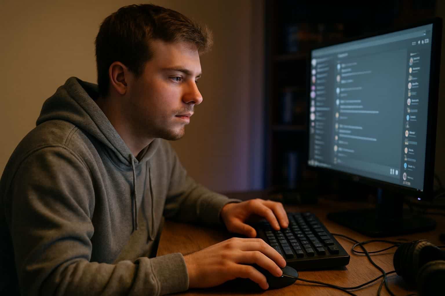 A young man is sitting at a wooden desk with gaming accessories and a Discord interface on the computer monitor. A young man is sitting at a wooden desk with gaming accessories and a Discord interface on the computer monitor.