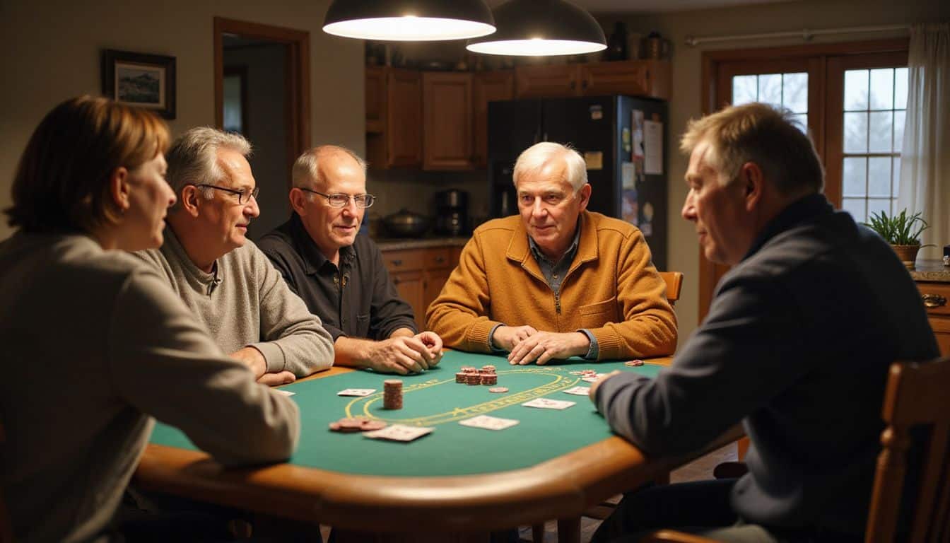 A group of middle-aged friends play a casual game of blackjack in a cozy kitchen setting. A group of middle-aged friends play a casual game of blackjack in a cozy kitchen setting.