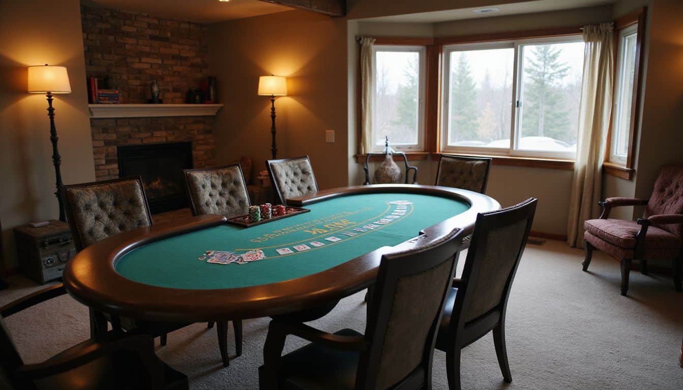 A spacious basement game room with a blackjack table, chairs, and poker chips for casual gatherings. A spacious basement game room with a blackjack table, chairs, and poker chips for casual gatherings.