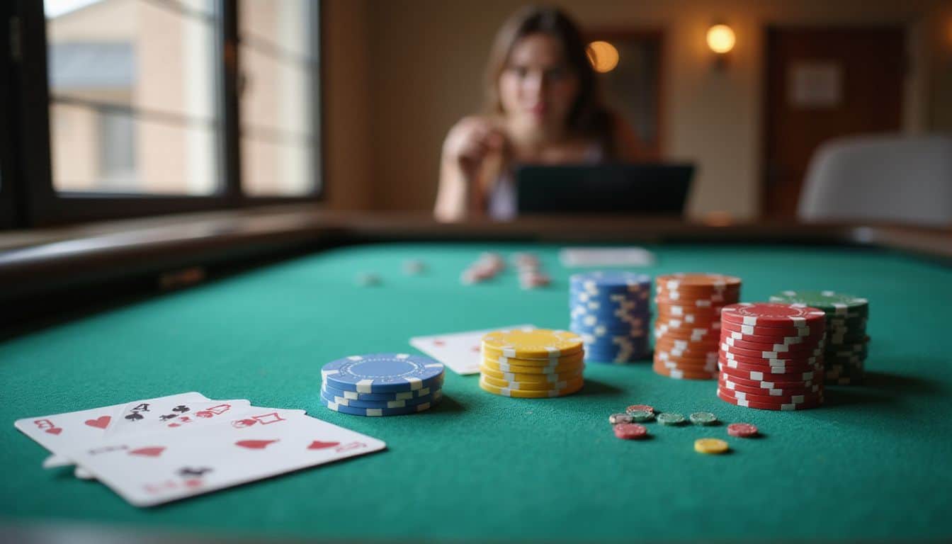 A close-up photo of a set table featuring brightly colored casino chips and scattered playing cards. A close-up photo of a set table featuring brightly colored casino chips and scattered playing cards.