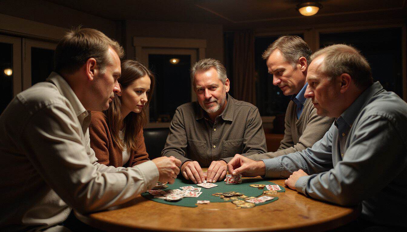 A group of friends play blackjack at a wooden table in a dimly lit room. A group of friends play blackjack at a wooden table in a dimly lit room.
