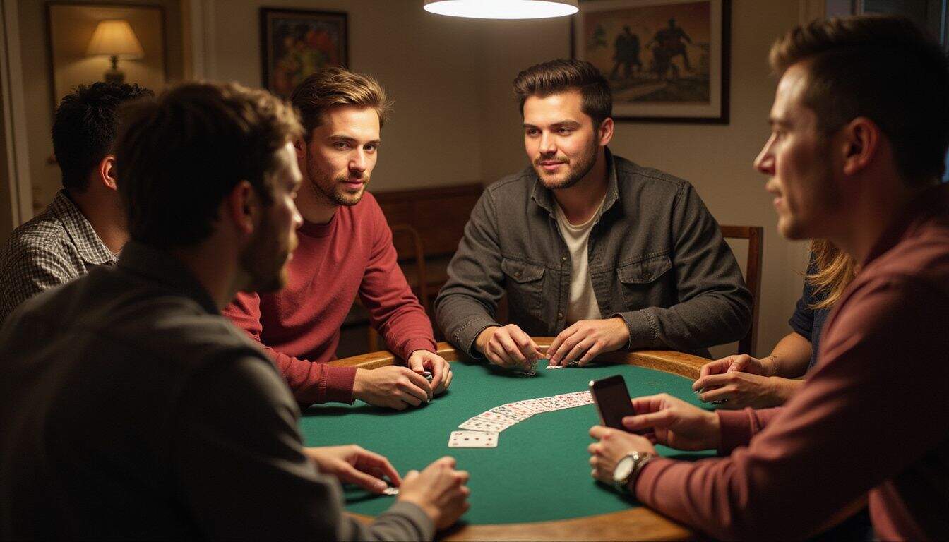 A group of friends playing blackjack around a kitchen table in a cozy, relaxed atmosphere. A group of friends playing blackjack around a kitchen table in a cozy, relaxed atmosphere.