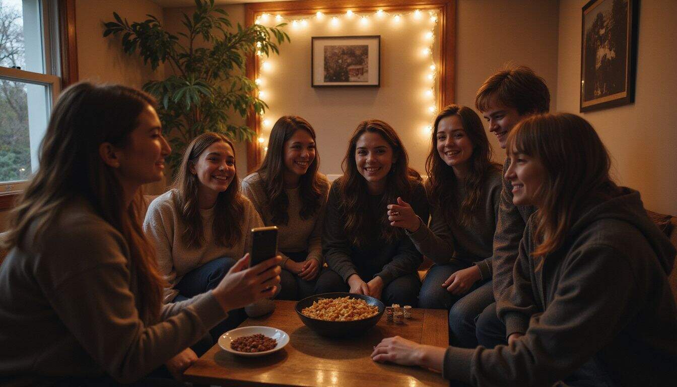 A group of young adults enjoying a casual game night and taking a group selfie. A group of young adults enjoying a casual game night and taking a group selfie.