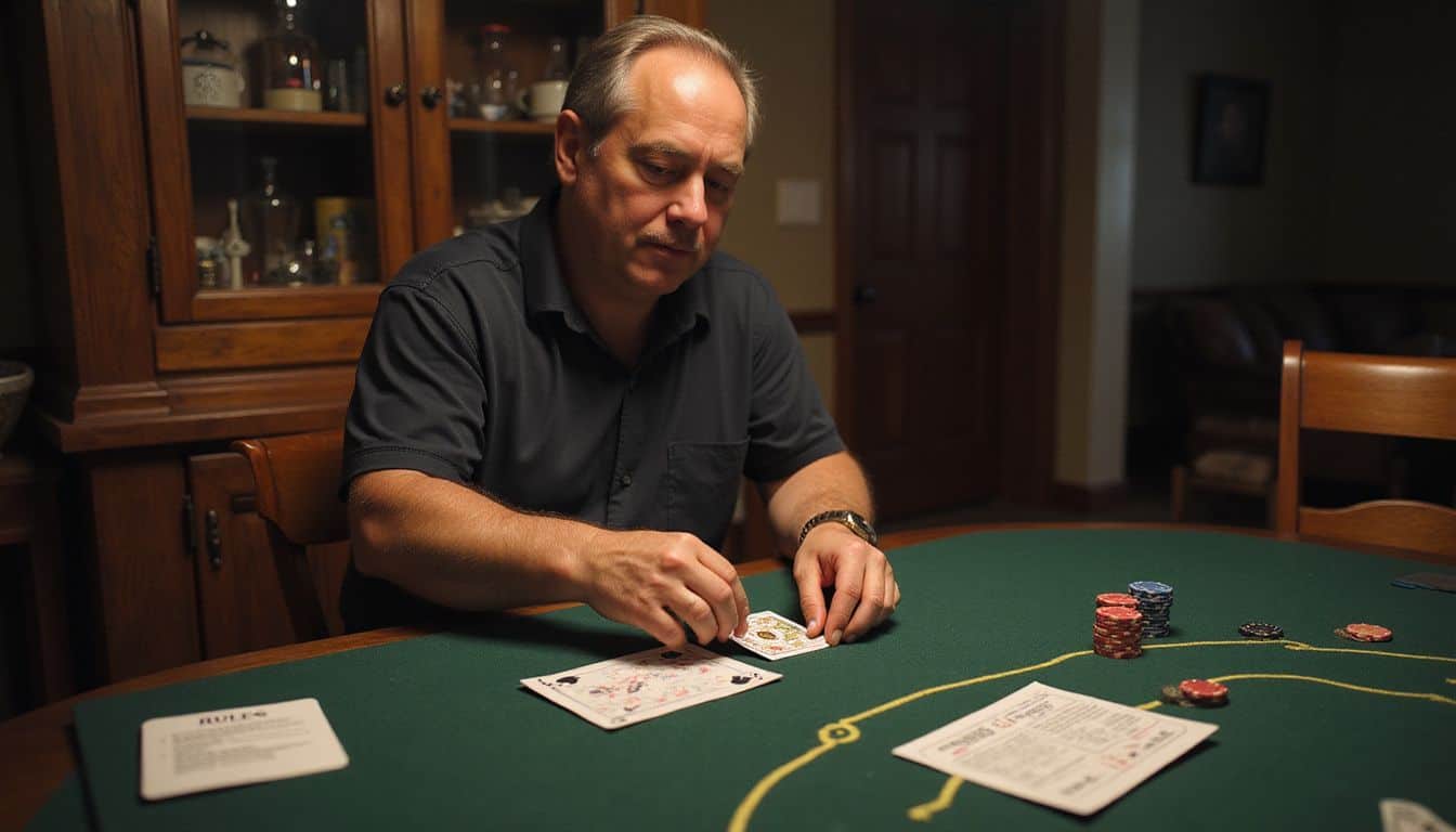 A man prepares for a home blackjack night with friends in a casual dining room setting. A man prepares for a home blackjack night with friends in a casual dining room setting.
