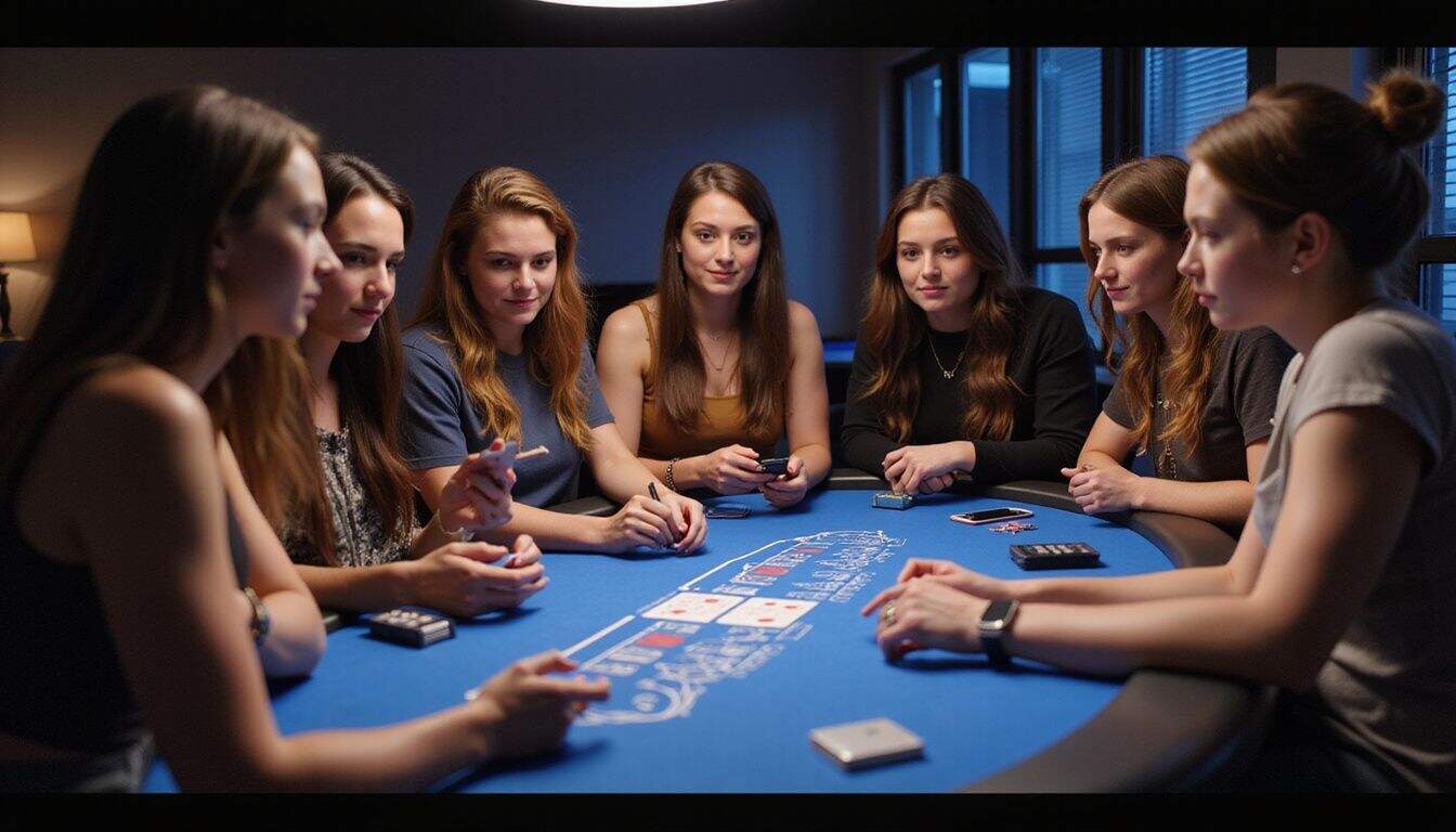A group of young adults gather around a modern blackjack table with digital gaming features in a casual setting. A group of young adults gather around a modern blackjack table with digital gaming features in a casual setting.