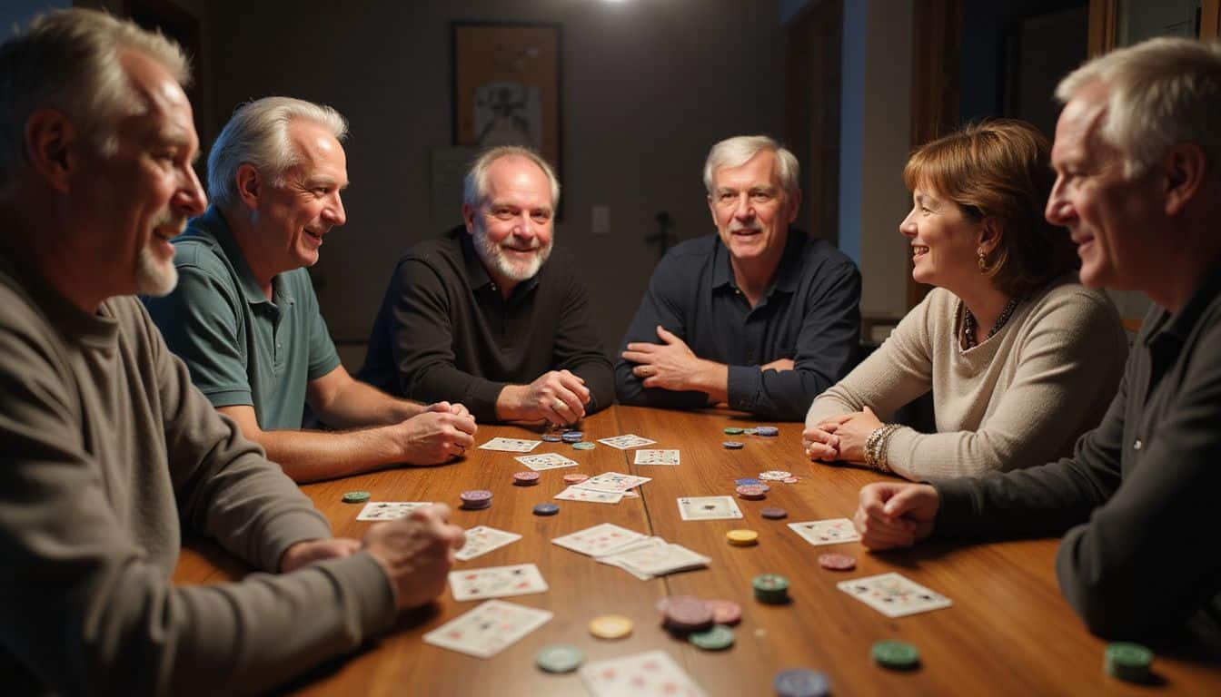 A group of friends enjoys a casual poker game at a wooden table. A group of friends enjoys a casual poker game at a wooden table.