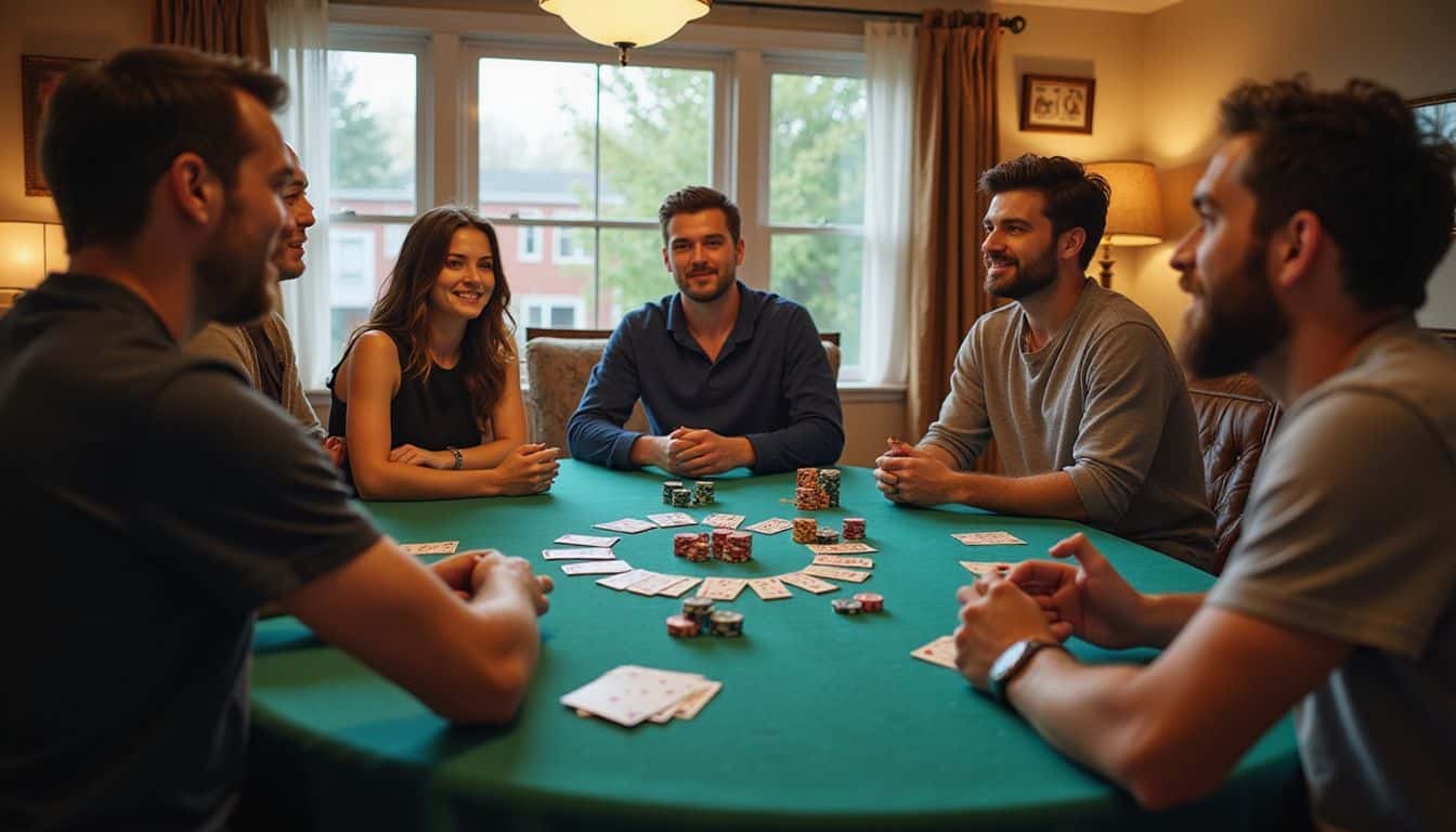 A cozy living room set up for a blackjack party with players enjoying a game. A cozy living room set up for a blackjack party with players enjoying a game.