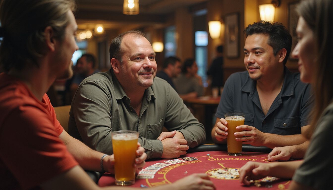 A middle-aged man is sitting at a blackjack table with friends, enjoying snacks and drinks. A middle-aged man is sitting at a blackjack table with friends, enjoying snacks and drinks.