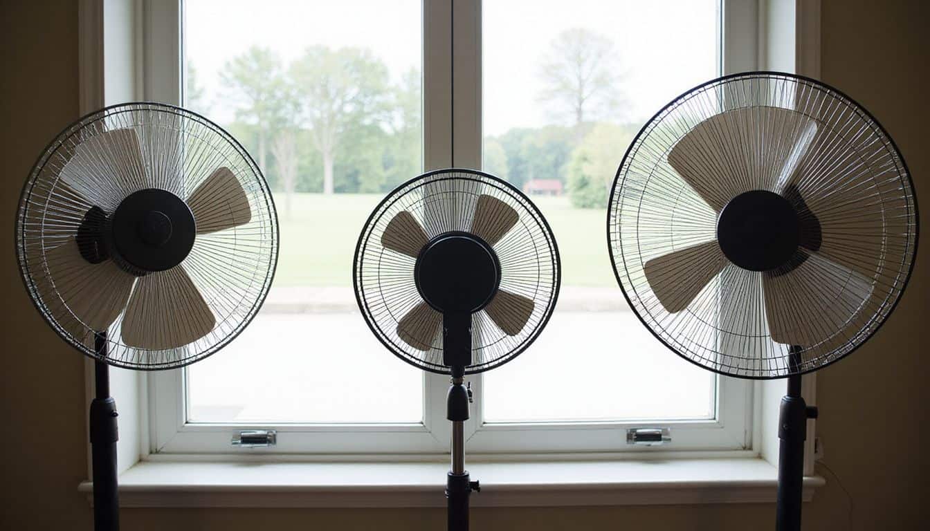 Two box fans positioned at a living room window to create a cross breeze, with a pedestal fan in the center. Two box fans positioned at a living room window to create a cross breeze, with a pedestal fan in the center.