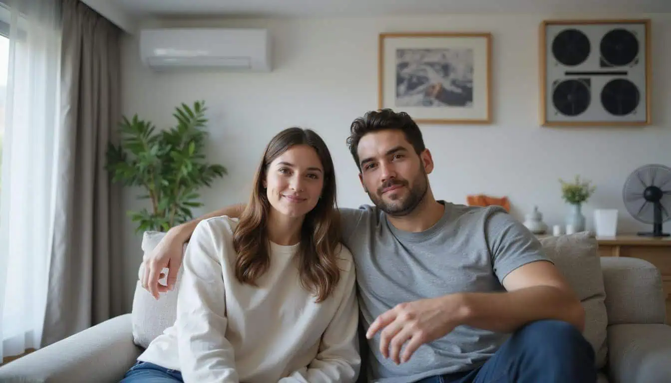 A mid-30s couple sitting in a modern, energy-efficient living room.
