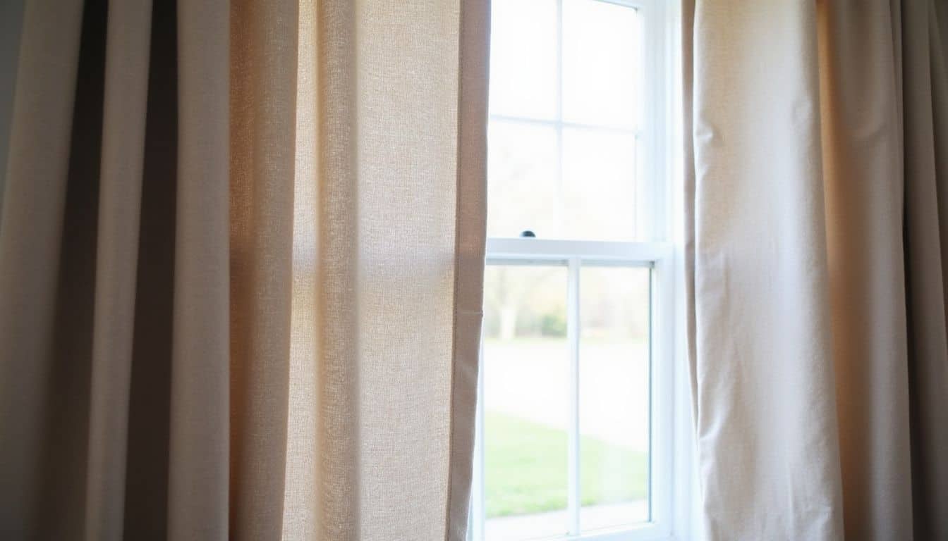 The image shows a close-up of medium-colored drapes with a white backing, creating a cozy atmosphere. The image shows a close-up of medium-colored drapes with a white backing, creating a cozy atmosphere.