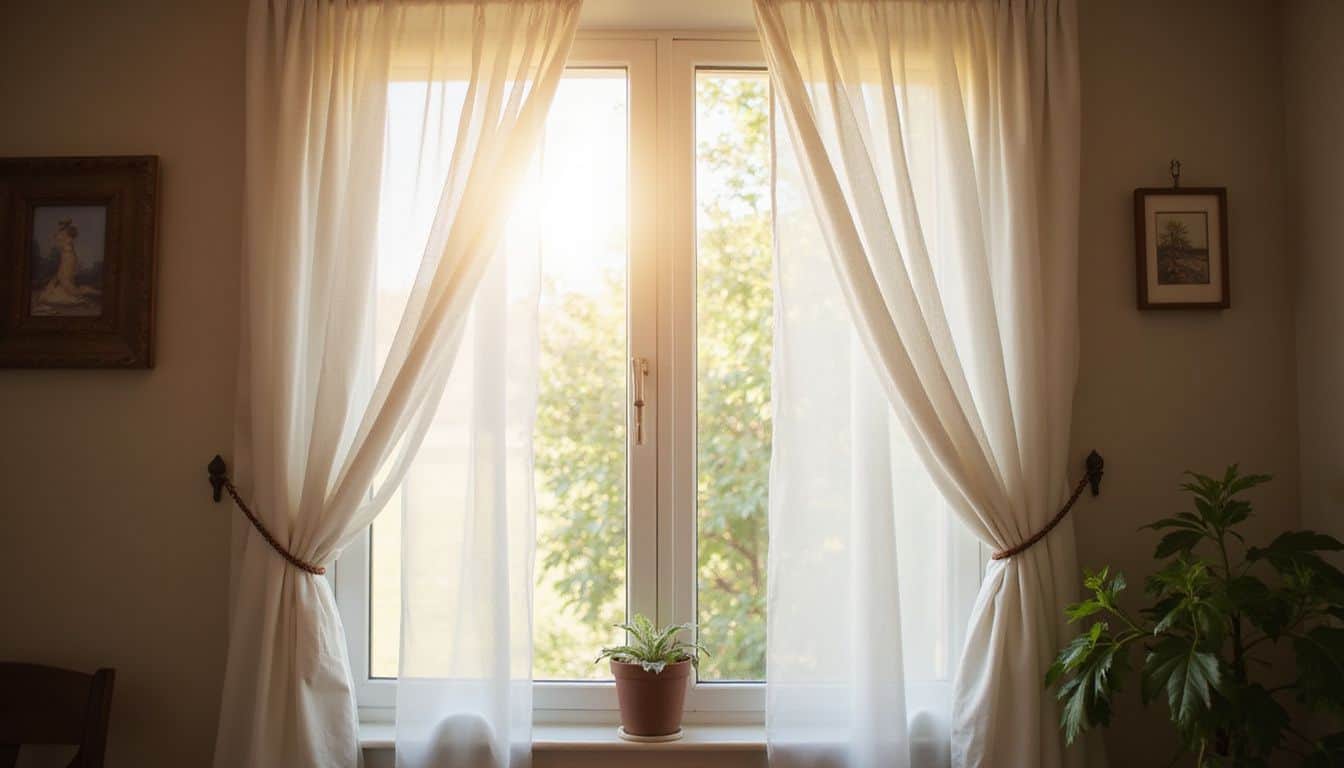 The image shows a home window with drawn curtains to block the midday sun. The image shows a home window with drawn curtains to block the midday sun.