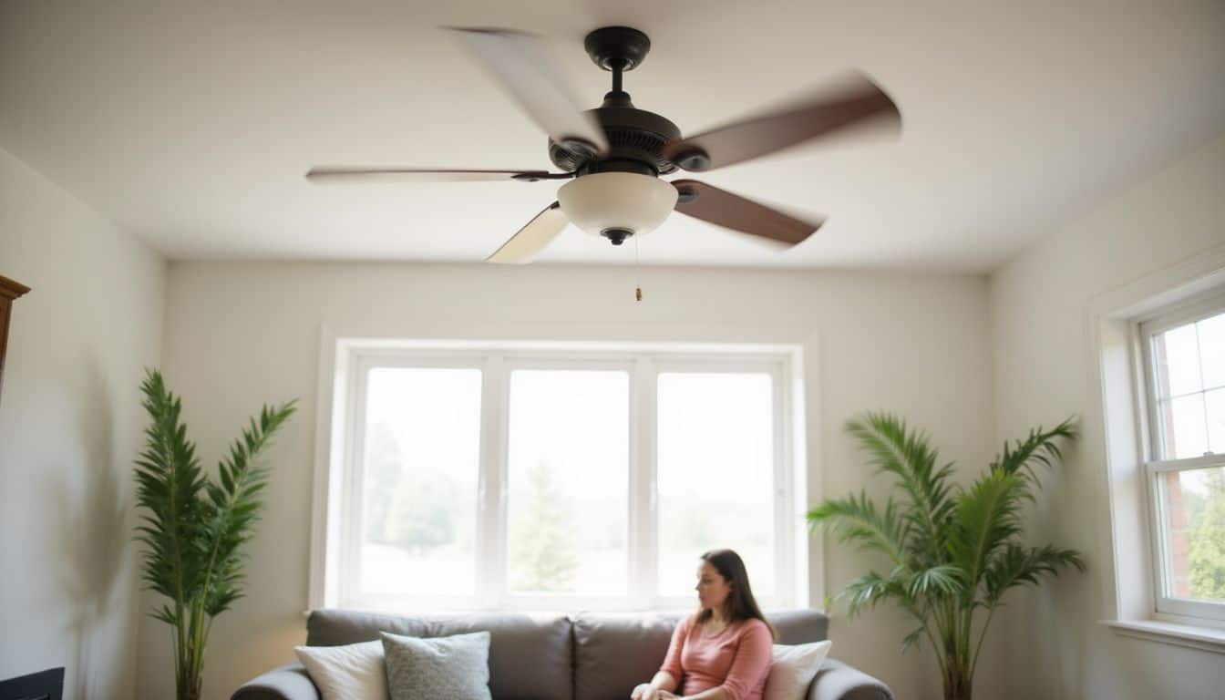 A person enjoys a cozy living room with a rotating ceiling fan, sofa, and plants. A person enjoys a cozy living room with a rotating ceiling fan, sofa, and plants.