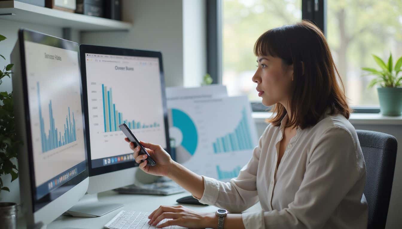 A woman in her 30s reviewing salary comparison charts and graphs in a casual office setting. A woman in her 30s reviewing salary comparison charts and graphs in a casual office setting.
