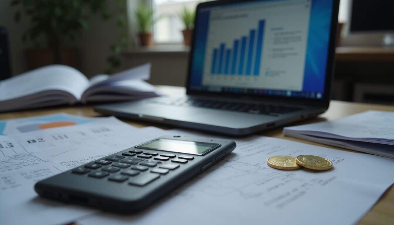 A cluttered office desk with paperwork, laptop displaying productivity graph, and a gold coin. A cluttered office desk with paperwork, laptop displaying productivity graph, and a gold coin.