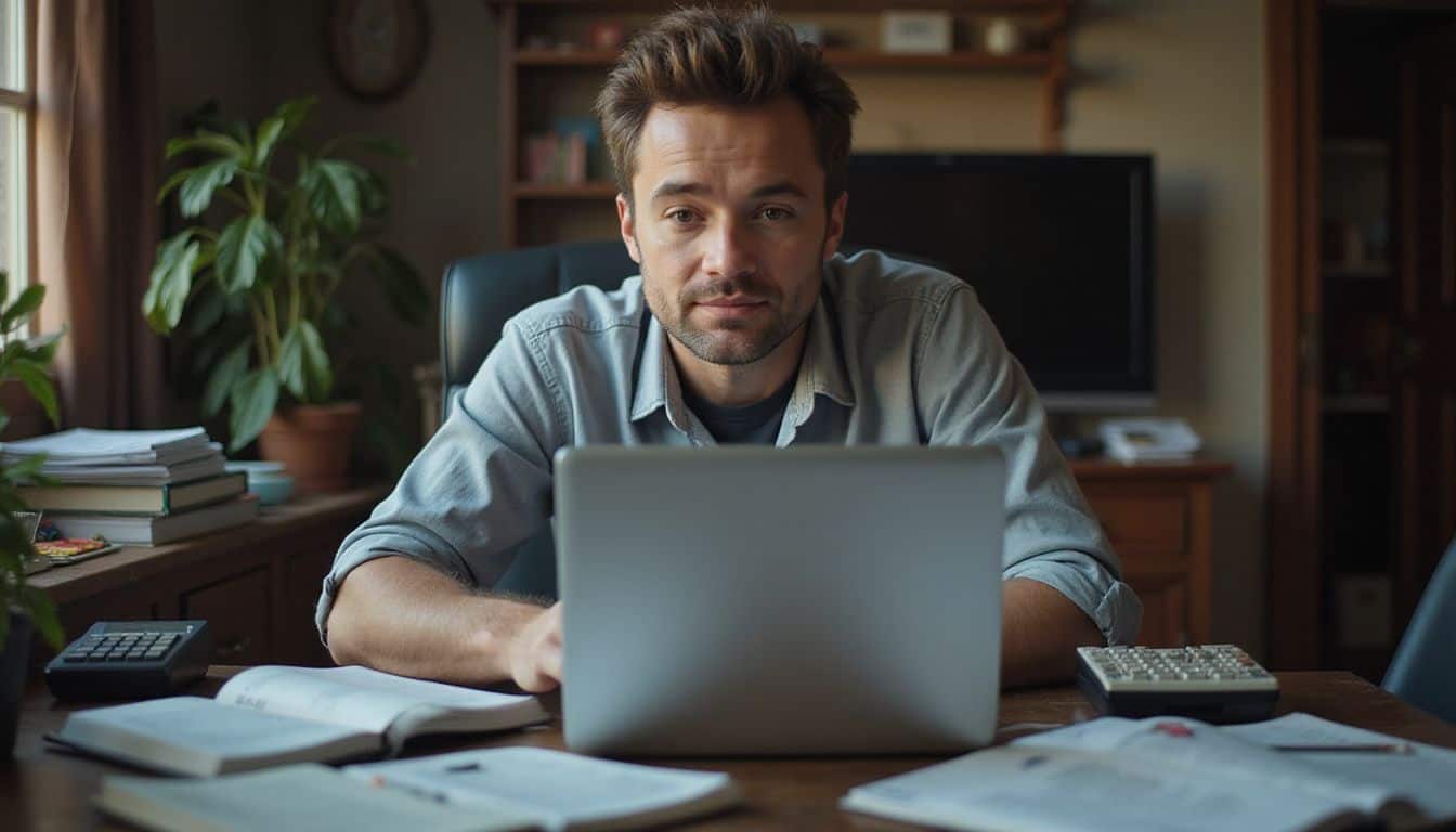 A man in his 30s sits at a cluttered desk in a home office, focusing on financial planning. A man in his 30s sits at a cluttered desk in a home office, focusing on financial planning.